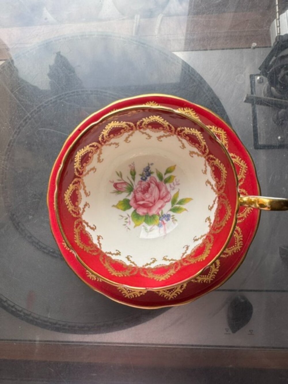 Vintage Aynsley Cabbage Rose Teacup & Saucer – Burgundy Maroon & Gold Filigree –